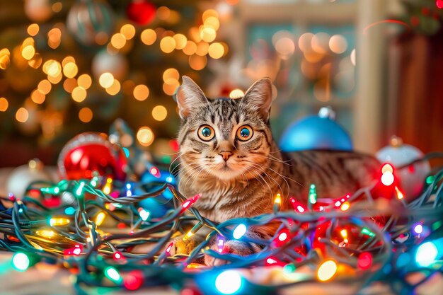 Foto schelmische katze verwickelte die weihnachtslichter