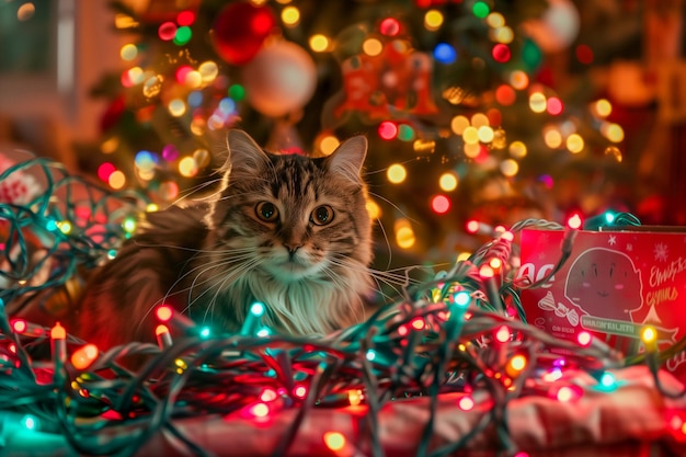 Foto schelmische katze verwickelte die weihnachtslichter