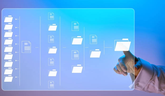 Foto schema der automatisierung des elektronischen dokumentenmanagements und übertragung und archivierung von dokumenten aus weiblicher hand