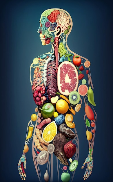 Schema des menschlichen Körpers eines Vegetariers von Obst und Gemüse. Konzept einer gesunden Ernährung und Vegetarismus. Generative KI-Illustration