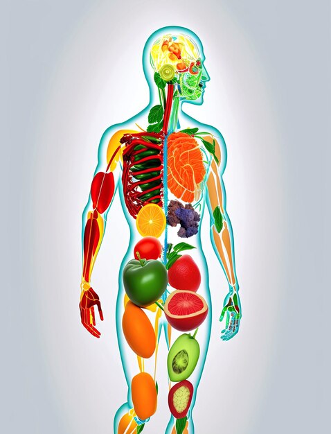 Schema des menschlichen Körpers eines Vegetariers von Obst und Gemüse. Konzept gesunder Ernährung und Vegetarismus auf weißem Hintergrund. Generative KI-Illustration