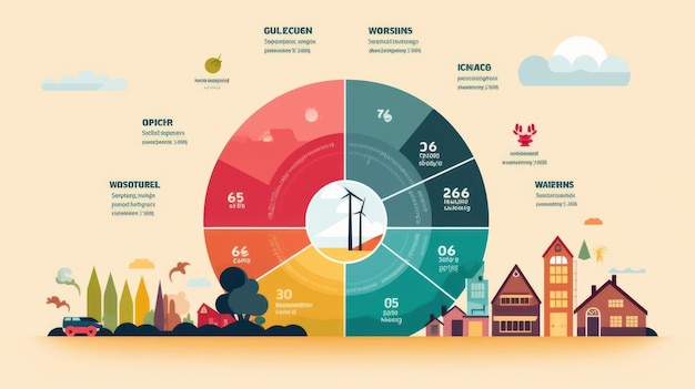 Schematisches Diagramm zur Veranschaulichung des Energieverbrauchs und der Kohlendioxidemissionen in verschiedenen Bereichen menschlicher Aktivitäten. Erneuerbare Energien und Recycling. Mockup-Infografiken mit beigem Hintergrund