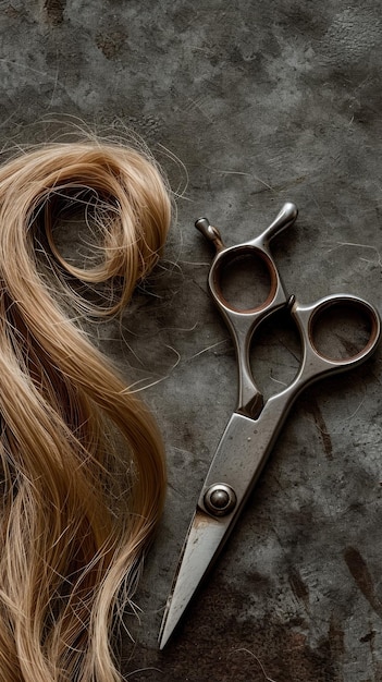 Schere in der Nähe eines blonden Haares Werkzeuge zum Haarschneiden