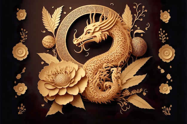 Scherenschnitt-Stil Frohes chinesisches neues Jahr 2024 der Drache Sternzeichen und Blume mit goldenem Stil auf farbigem Hintergrund Generative Ai
