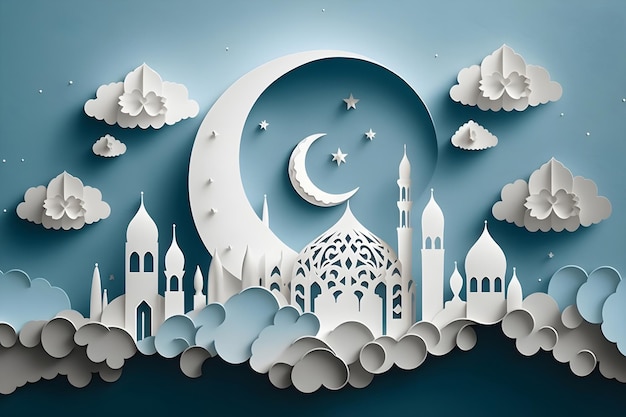 Scherenschnitt-Vektorillustration mit Moschee und Mondwolken blaue und weiße Farbe Ramadan Generative AI