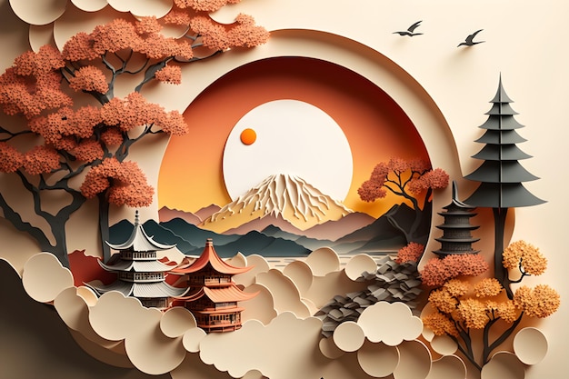 Scherenschnittkunst einer japanischen Landschaft mit Bergen und einer Pagode