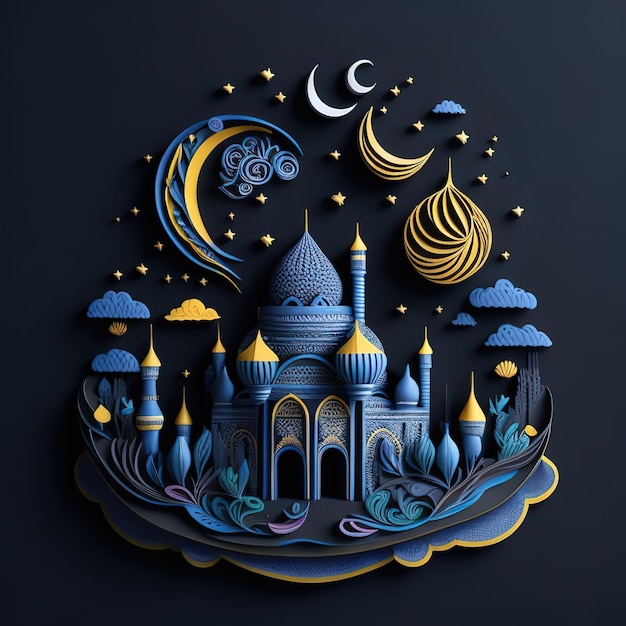 Scherenschnittkunst einer Moschee mit Mond und Sternen