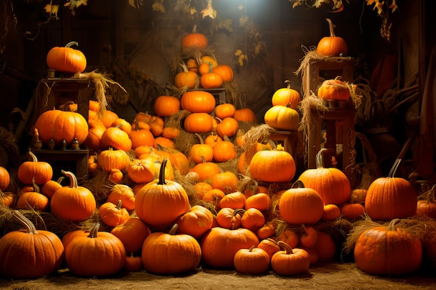 Scheune voller Kürbisse Ernte im Herbst Kürbisse für Halloween Hintergrundbild AI Gener