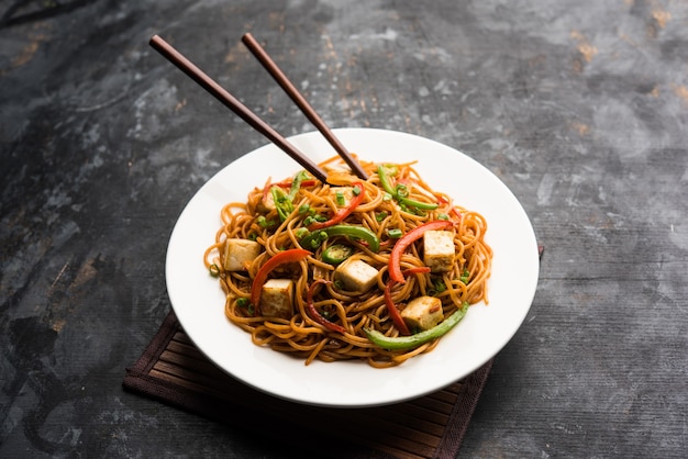 Schezwan-Hakka-Nudeln mit Paneer oder Hüttenkäse. In einer Schüssel serviert. selektiver Fokus