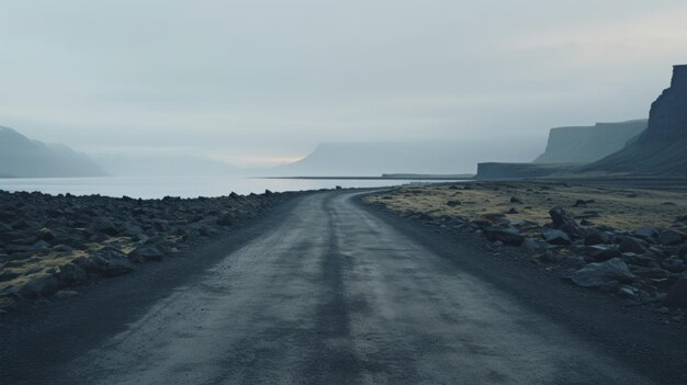 Schichten und atmosphärische Landschaften Kiesstraße, die zu einem ruhigen Gewässer führt