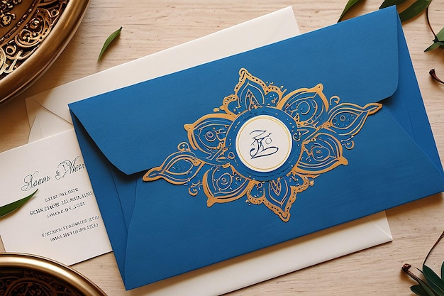 Schicke blaue Fassi Henna Hochzeitseinladung marokkanische Eleganz