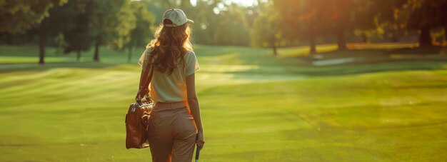 Schicke Golfspielerin in trendiger Sommerkleidung, die mit einer Golftasche auf einem üppigen Platz schritt