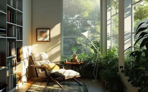Schicke Leseknüpfe mit modernen Möbeln und Morgenbeleuchtung