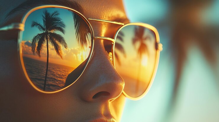 Foto schicke sonnenbrillen reflexionen am sunset beach ein ruhiges paradies voller lebendiger farben und glamour
