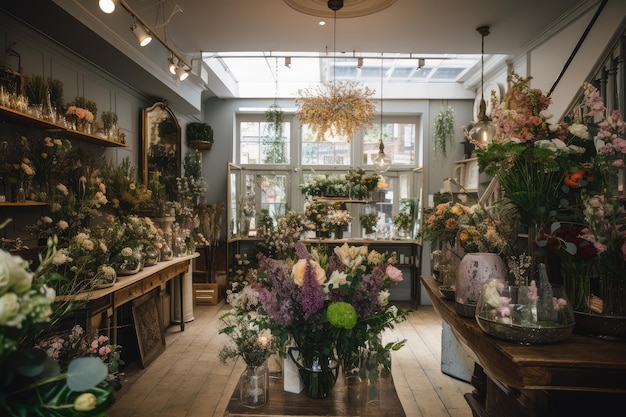 Schicker Boutique-Blumenladen mit ausgestellten Blumen und Pflanzen, die Kunden zum Stöbern einladen