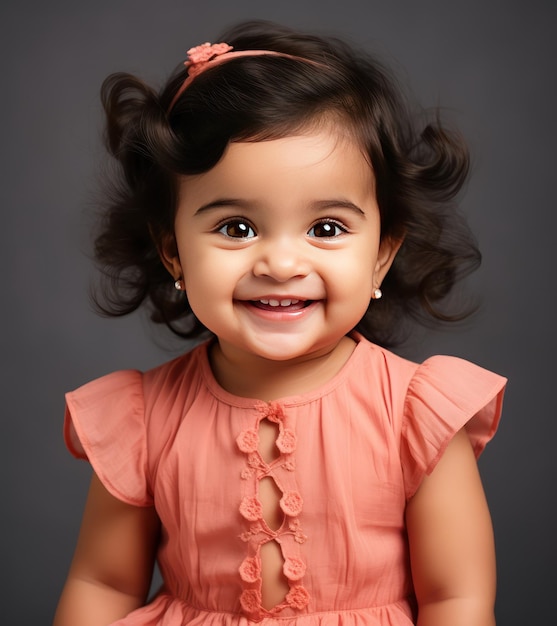Schickes indisches Baby mit ausdrucksstarken Augen und charmantem Lächeln in modernem Kleid beim Erstellen eines Porträts