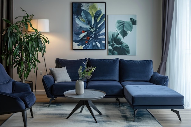 Schickes Wohnzimmer mit blauem Samtsofa