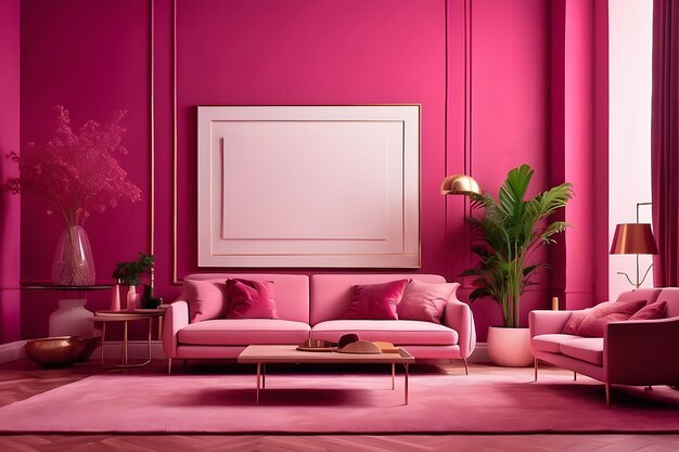 Schickes Wohnzimmer mit einer magentafarbenen Wand, einem eleganten leeren Modellrahmen und modischen, trendigen Möbeln
