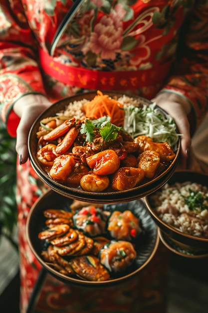 Foto schicksals-bounty-frau hält einen korb mit wohlhabenden mandarin-orangen