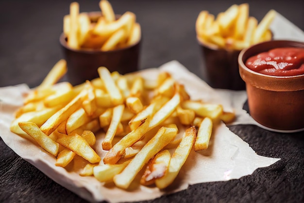 Schieben Sie gebratene goldene Pommes Frites auf den Tisch mit einer kleinen Schüssel Ketchup