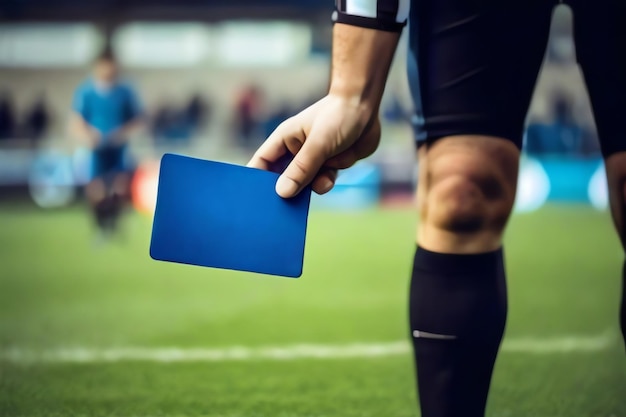 Schiedsrichter mit blauer Karte auf dem Fußballfeld