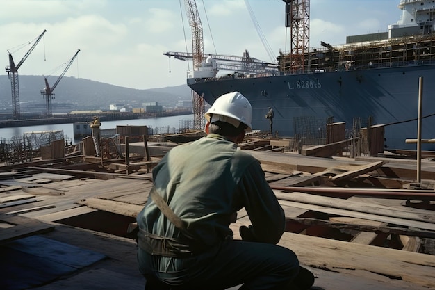 Schiffbauer baut Marineschiff mit Blick auf die Werft und das Meer im Hintergrund