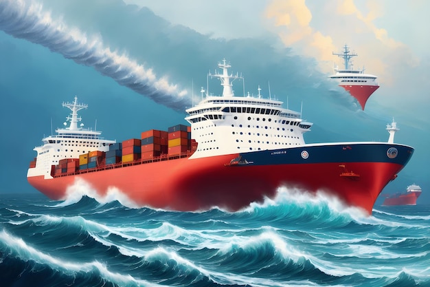 Schiffsfrachttransportbehälter im Meer Ozean mit brechenden Wellen Generative KI