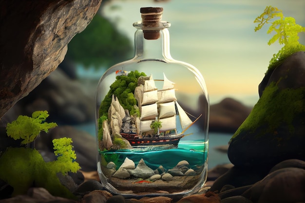 Schiffsmodell in einer Flasche, umgeben von einer ruhigen Naturszene mit Felsen und Wasser