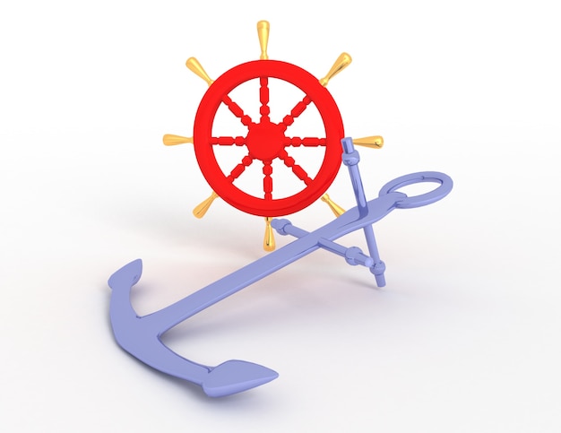 Schiffsrad und Anker. 3D gerenderte Illustration