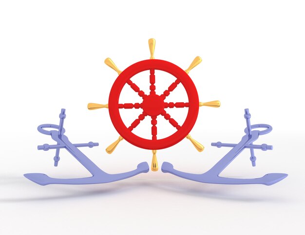 Schiffsrad und Anker. 3D gerenderte Illustration