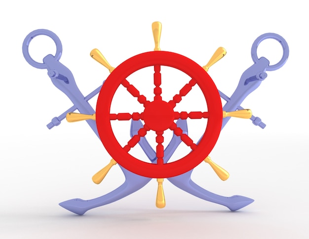 Schiffsrad und Anker. 3D gerenderte Illustration