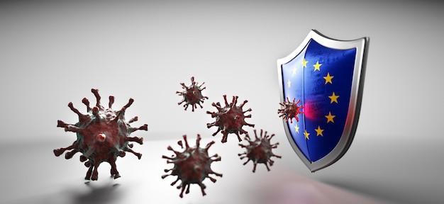 Schild in der EU-Flagge der Europäischen Union schützt vor Coronavirus COVID19