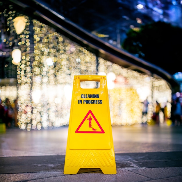 Foto schild mit warnung vor nassem boden vor der tür in der nacht mit bokeh-lichthintergrund