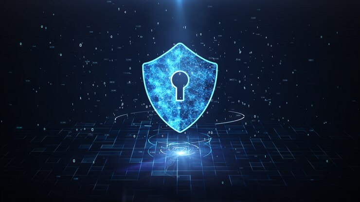 Schild-Symbol im Cyber Space.Cyber-Angriffsschutz für weltweite Verbindungen