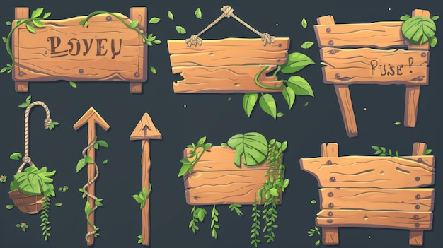 Schilder mit kriechenden Reben und grünen Blättern Moderne Spielassets mit Holzzeichen Pfeilen und tropischen Bäumen