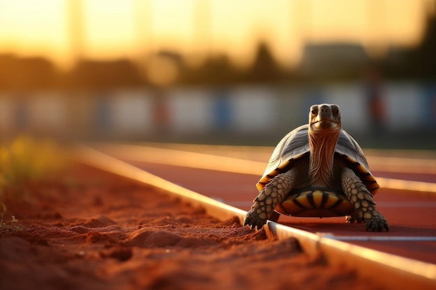 Schildkröte auf der Rennstrecke bereitet sich auf einen schnellen und aufregenden Rennwettbewerb vor