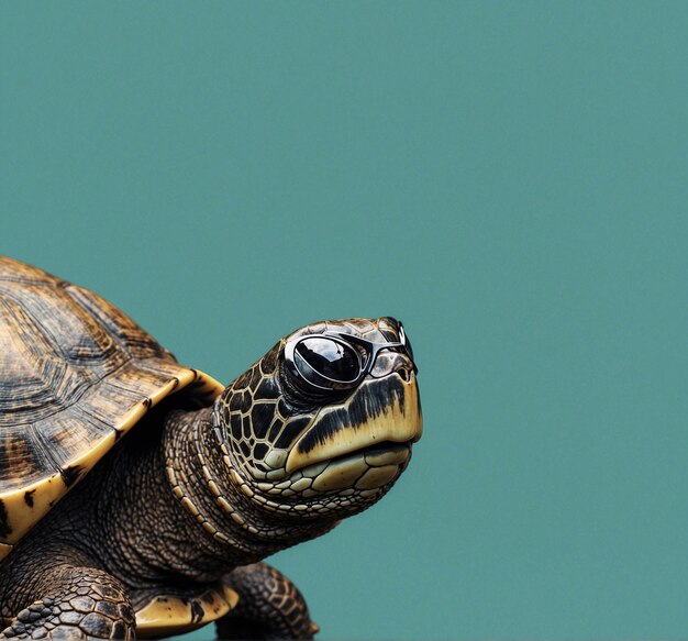 Schildkröte auf grünem Hintergrund, Nahaufnahme des Kopfes