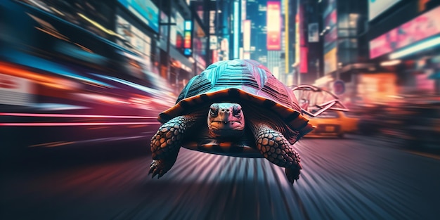 Schildkröte bewegt sich sehr schnell durch eine Straße Generative Ai
