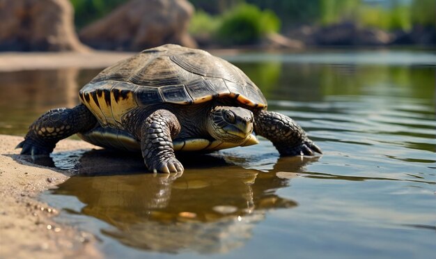 Schildkröte, die gemächlich am Teich kriecht