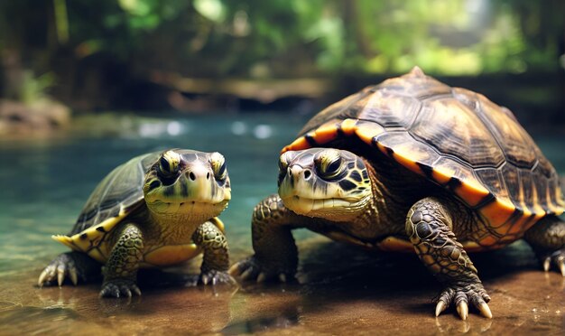 Schildkröte, die gemächlich am Teich kriecht