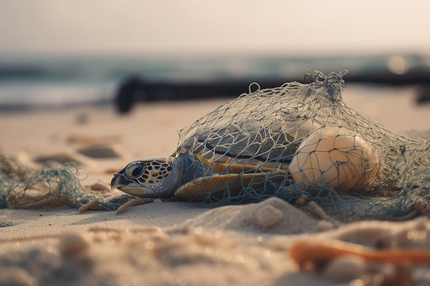 Schildkröte, die in Plastikmüll gefangen ist, der am Strand liegt Das Konzept einer ökologischen Katastrophe