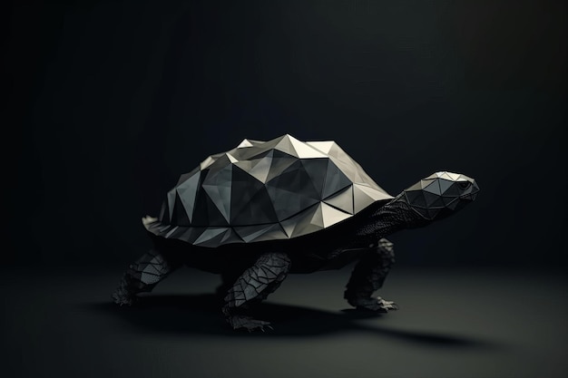 Schildkröte im Origami-Stil auf dunklem Hintergrund, generative KI