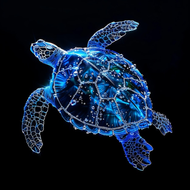 Schildkröte in Form von Wellenwasser durchsichtige blaue Flüssigkeit mit Hintergrundkunst Y2K glühendes Konzept