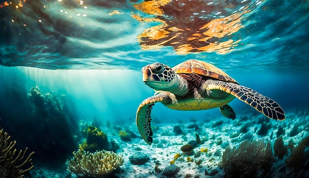 Foto schildkröte mit farbenfrohen tropischen fischen und tieren meeresleben in den korallenriffen tiere des unterwassers