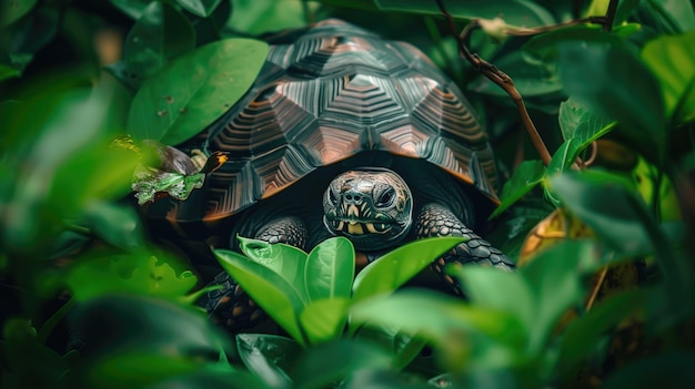 Schildkröte mit gemusterter Schale inmitten grüner Blätter