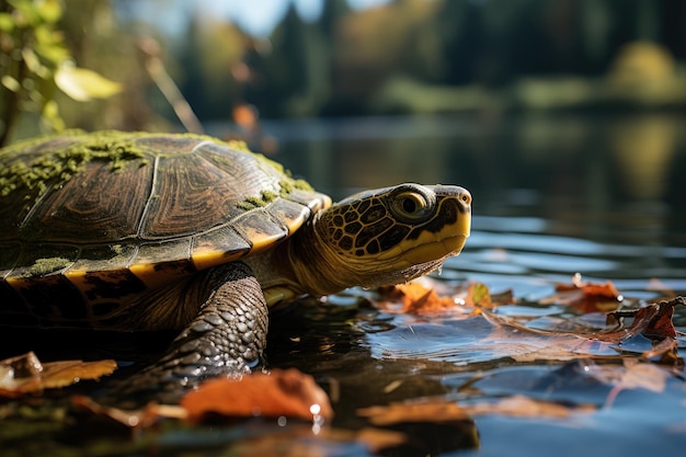 Schildkröte ruht auf einem See, umgeben von generativer Vegetation