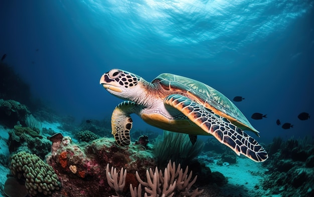 Schildkröte schwimmt auf dem blauen Meer