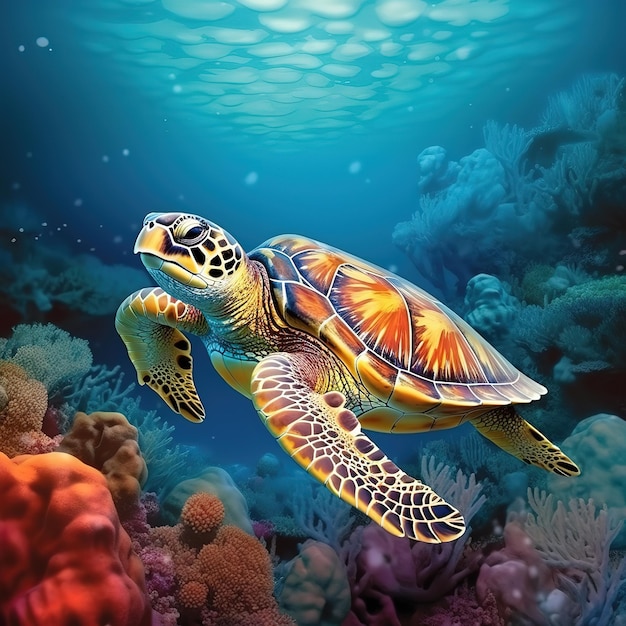 Schildkröte schwimmt auf dem blauen Meer