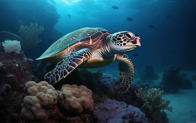 Schildkröte schwimmt auf dem blauen Meer