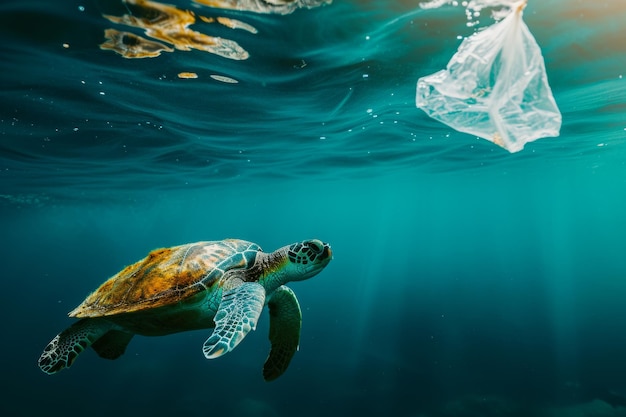 Schildkröte schwimmt in der Nähe einer Plastiktüte